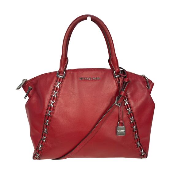 Michael Kors Sadie Large Cherry Red Leather Satchel Bag Silver Chain Hardware - Picture 1 of 16